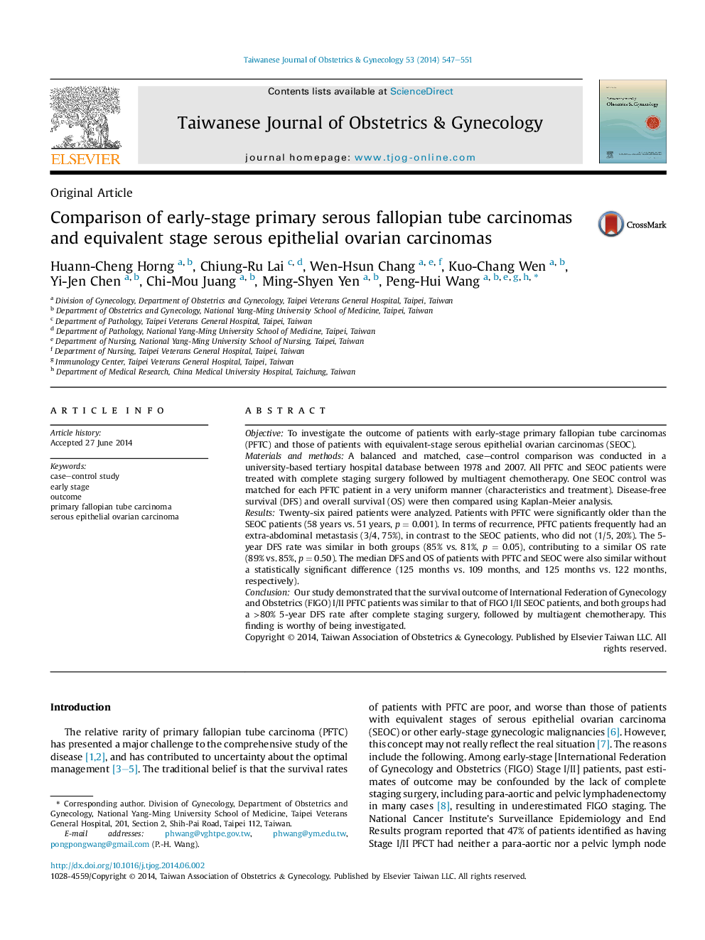 Comparison of early-stage primary serous fallopian tube carcinomas and equivalent stage serous epithelial ovarian carcinomas