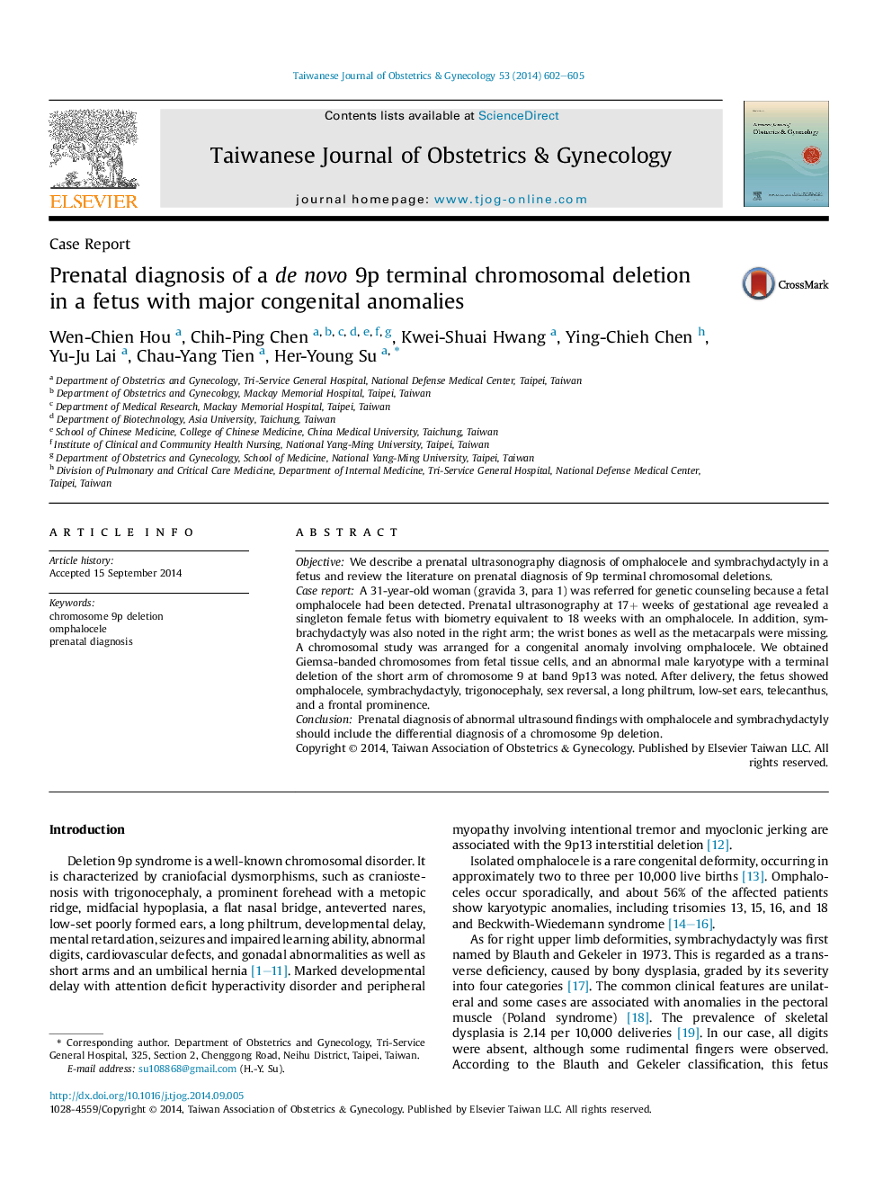 Prenatal diagnosis of a de novo 9p terminal chromosomal deletion in a fetus with major congenital anomalies