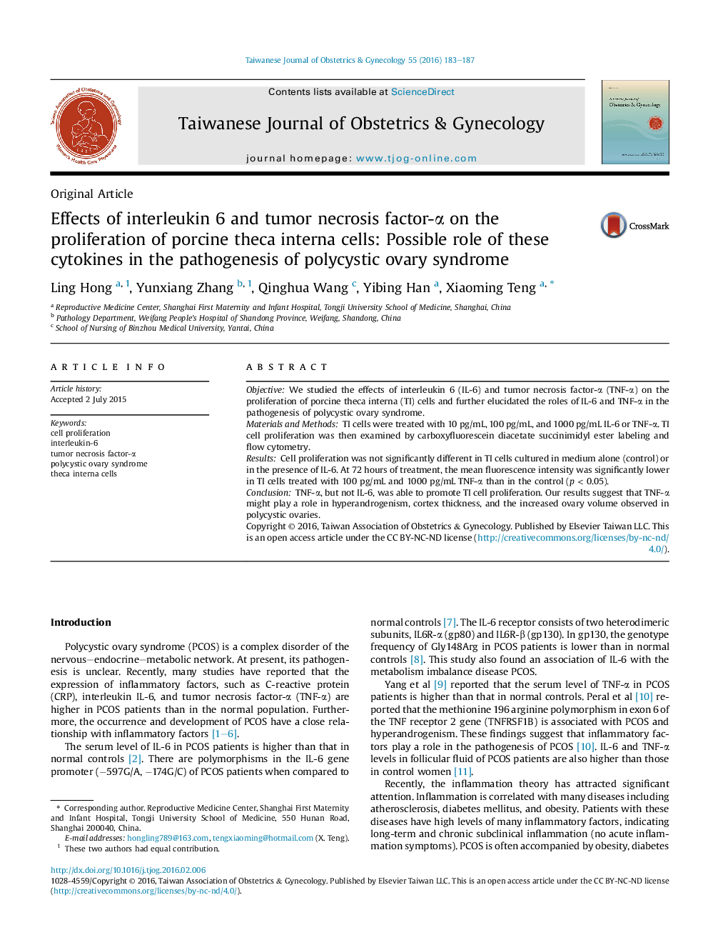 Effects of interleukin 6 and tumor necrosis factor-α on the proliferation of porcine theca interna cells: Possible role of these cytokines in the pathogenesis of polycystic ovary syndrome