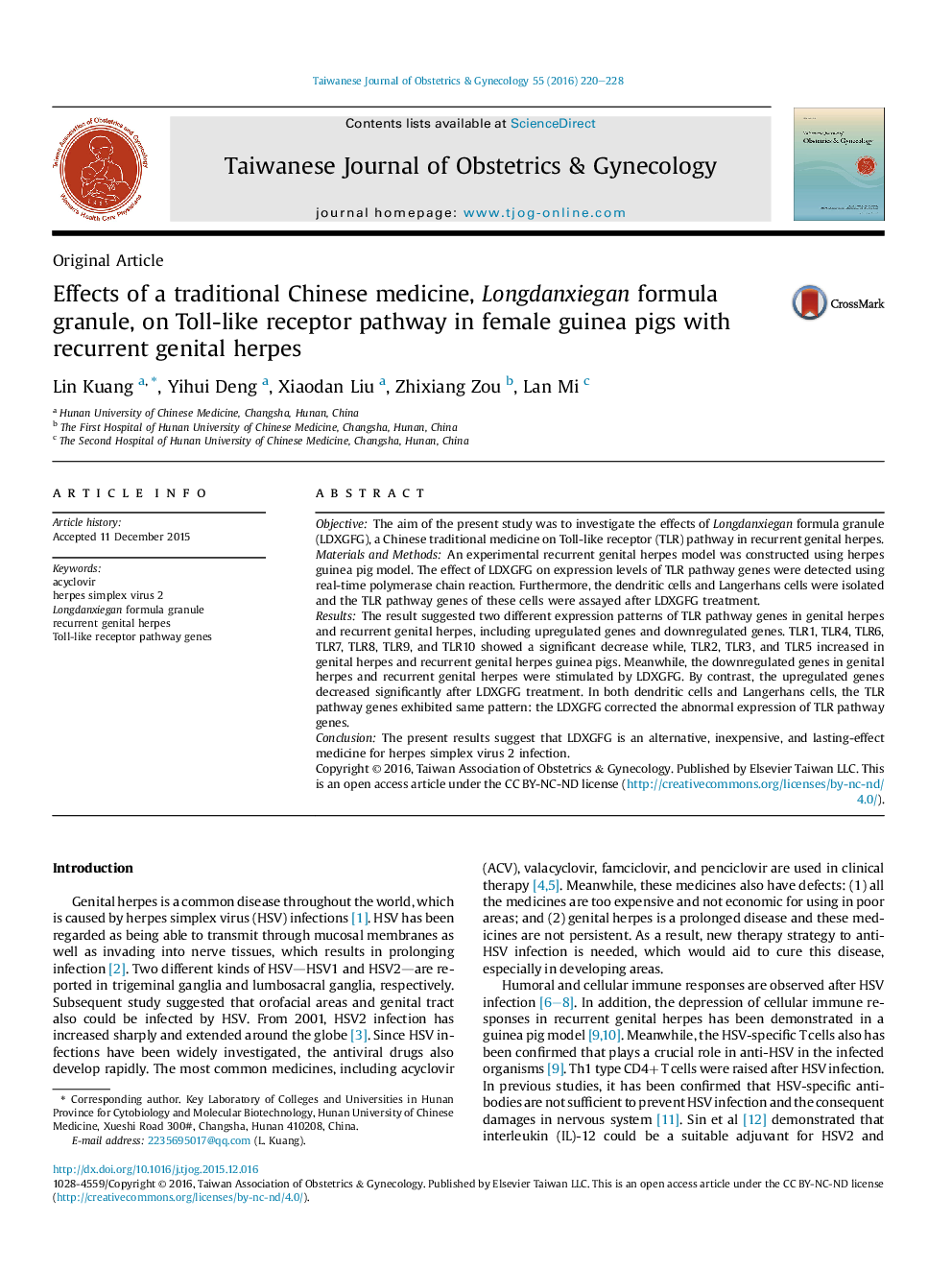 Effects of a traditional Chinese medicine, Longdanxiegan formula granule, on Toll-like receptor pathway in female guinea pigs with recurrent genital herpes