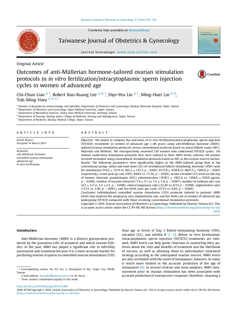 Outcomes of anti-Müllerian hormone-tailored ovarian stimulation protocols in in vitro fertilization/intracytoplasmic sperm injection cycles in women of advanced age