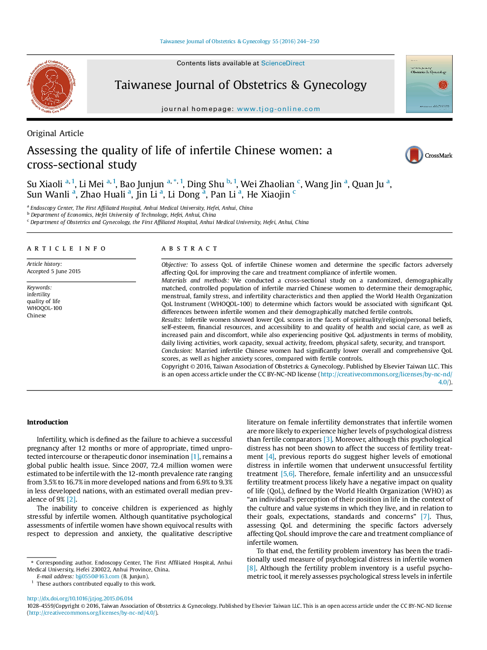 Assessing the quality of life of infertile Chinese women: a cross-sectional study