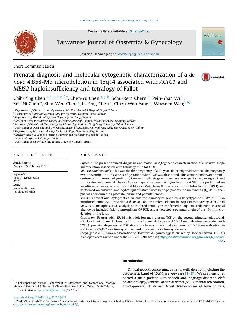 Prenatal diagnosis and molecular cytogenetic characterization of a de novo 4.858-Mb microdeletion in 15q14 associated with ACTC1 and MEIS2 haploinsufficiency and tetralogy of Fallot