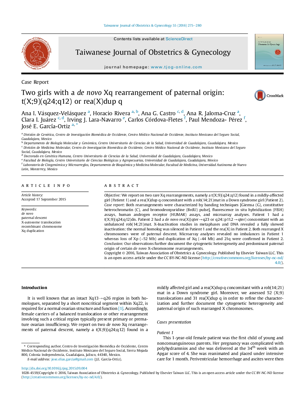 Two girls with a de novo Xq rearrangement of paternal origin: t(X;9)(q24;q12) or rea(X)dup q