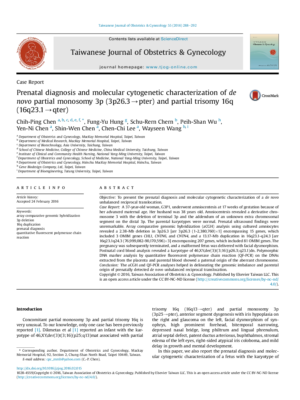 Prenatal diagnosis and molecular cytogenetic characterization of de novo partial monosomy 3p (3p26.3→pter) and partial trisomy 16q (16q23.1→qter)