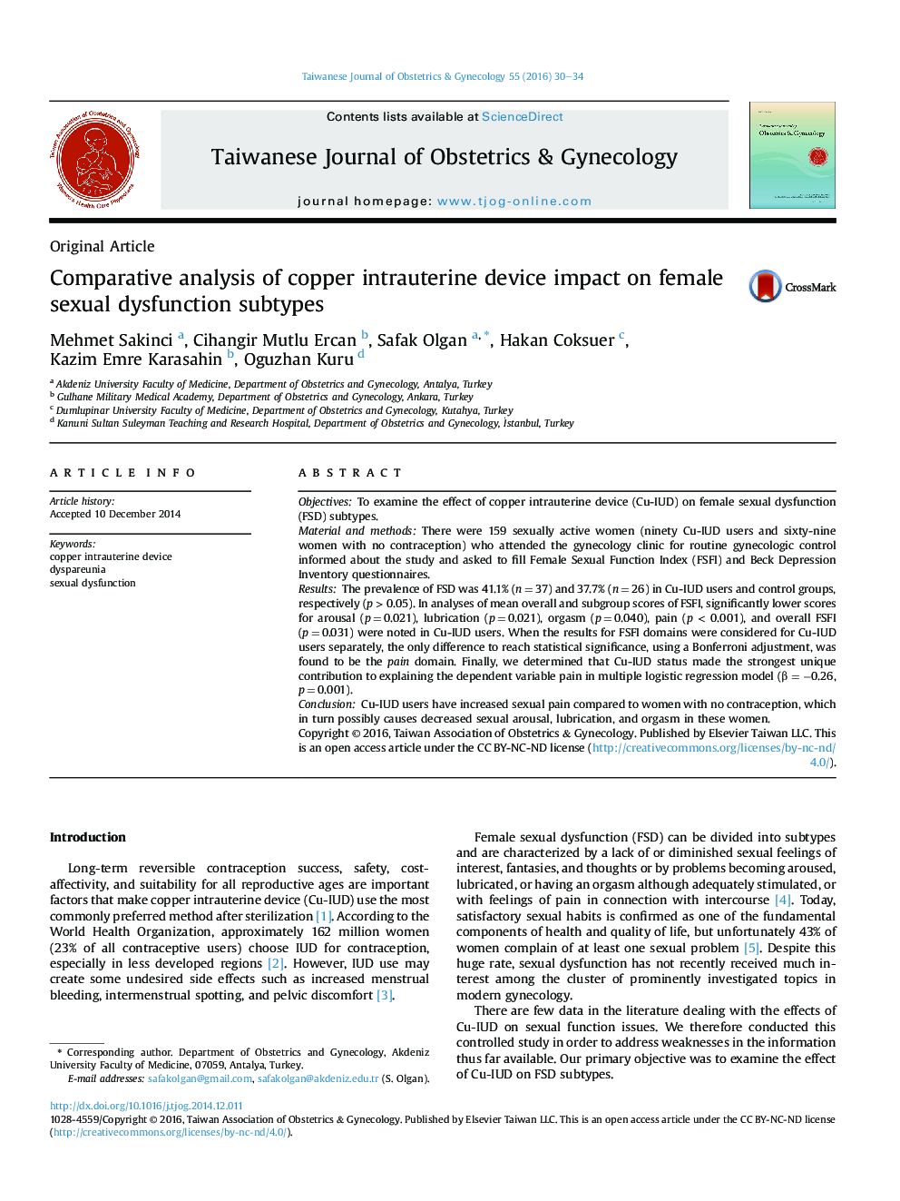 Comparative analysis of copper intrauterine device impact on female sexual dysfunction subtypes