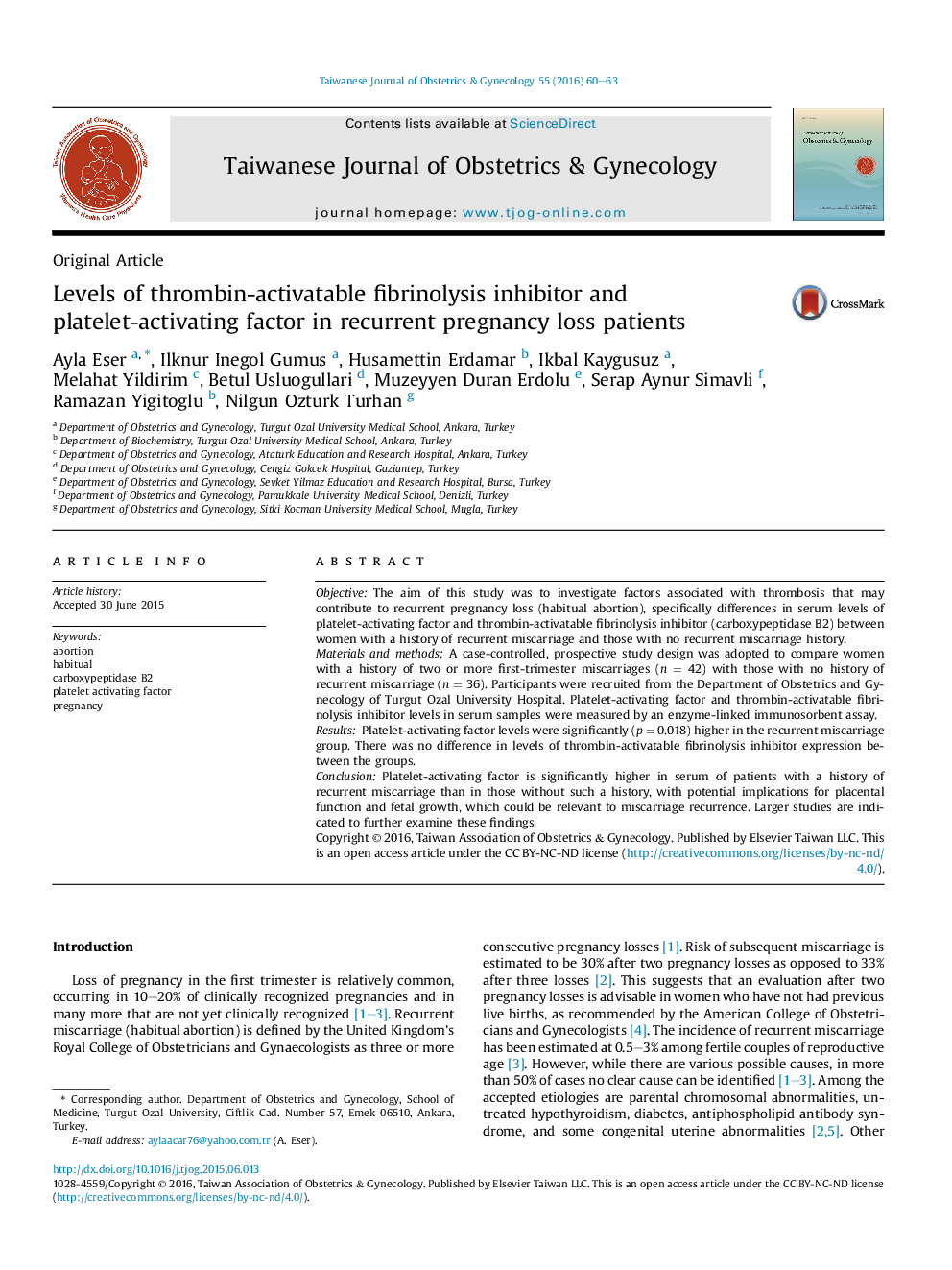 Levels of thrombin-activatable fibrinolysis inhibitor and platelet-activating factor in recurrent pregnancy loss patients