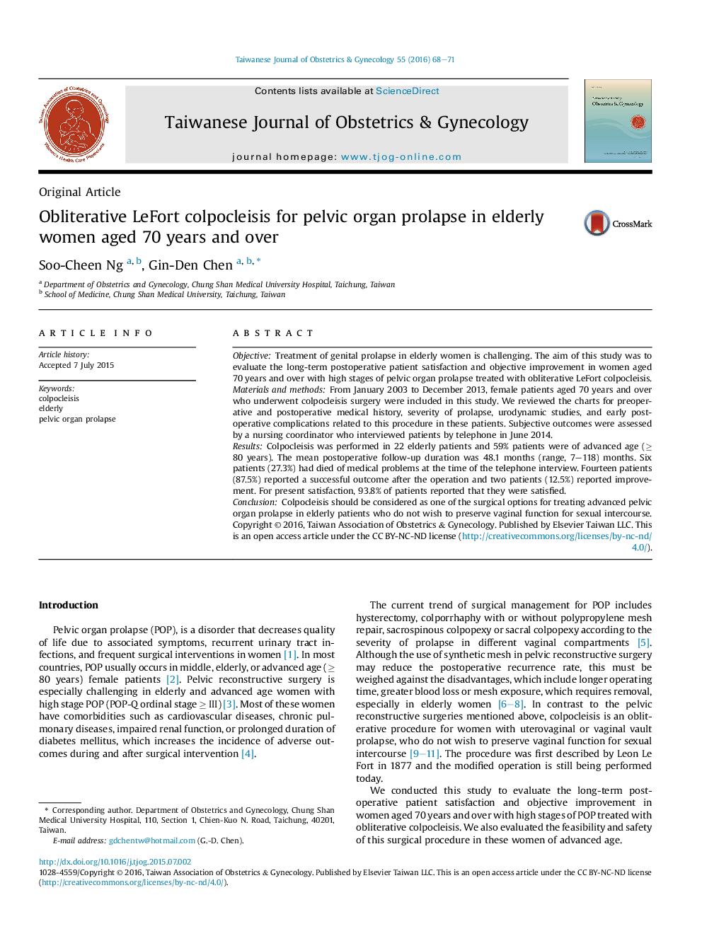 Obliterative LeFort colpocleisis for pelvic organ prolapse in elderly women aged 70 years and over