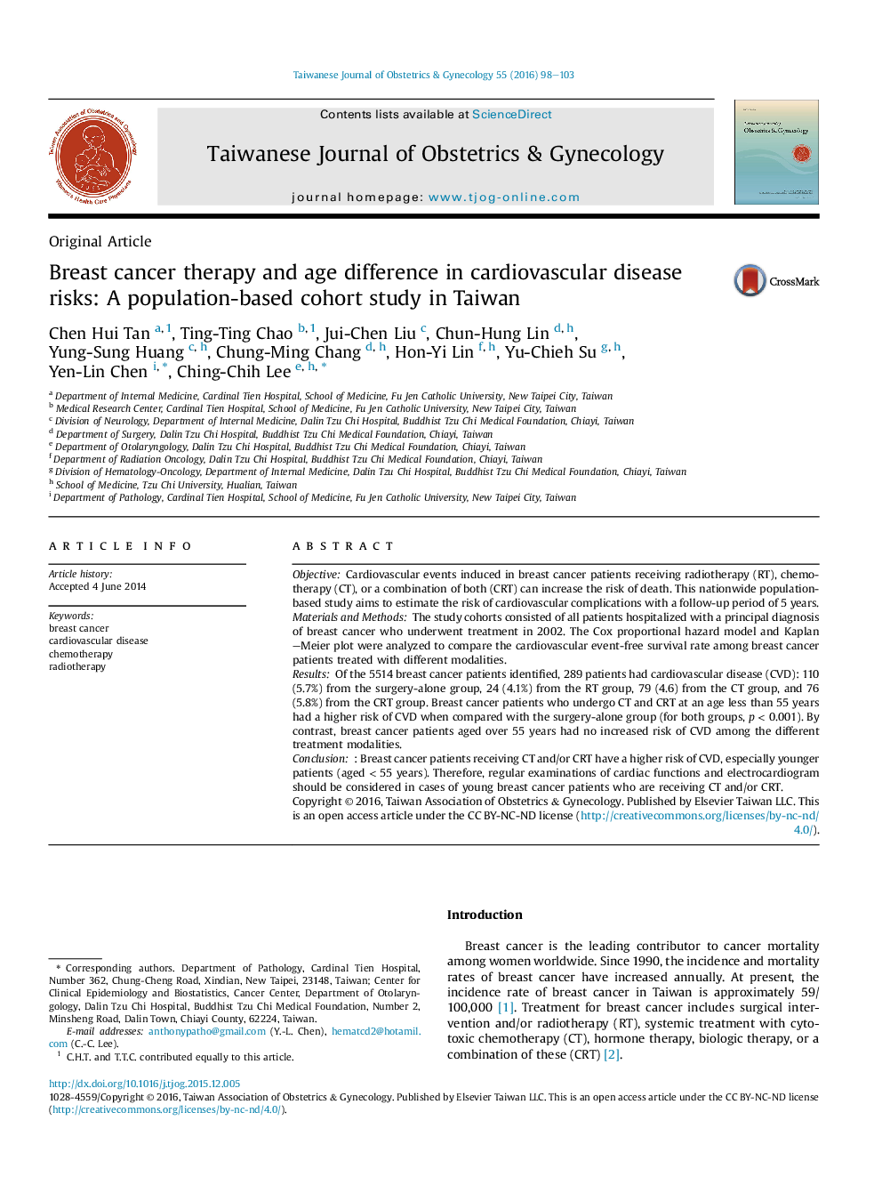 Breast cancer therapy and age difference in cardiovascular disease risks: A population-based cohort study in Taiwan