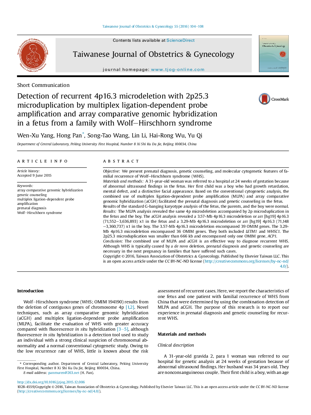 Detection of recurrent 4p16.3 microdeletion with 2p25.3 microduplication by multiplex ligation-dependent probe amplification and array comparative genomic hybridization in a fetus from a family with Wolf–Hirschhorn syndrome