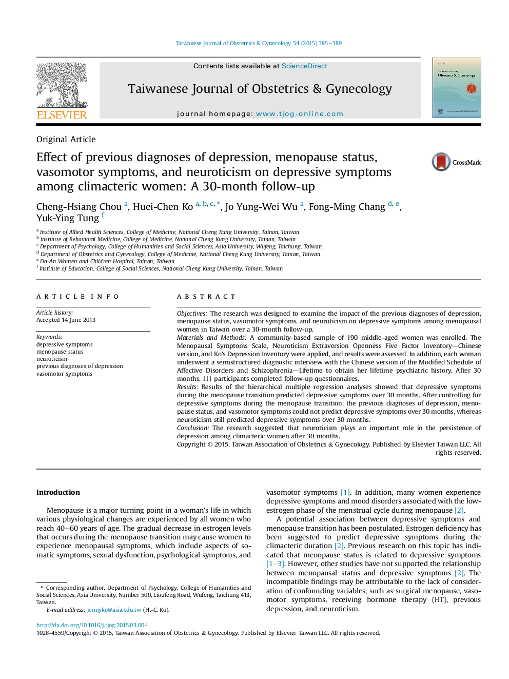 Effect of previous diagnoses of depression, menopause status, vasomotor symptoms, and neuroticism on depressive symptoms among climacteric women: A 30-month follow-up