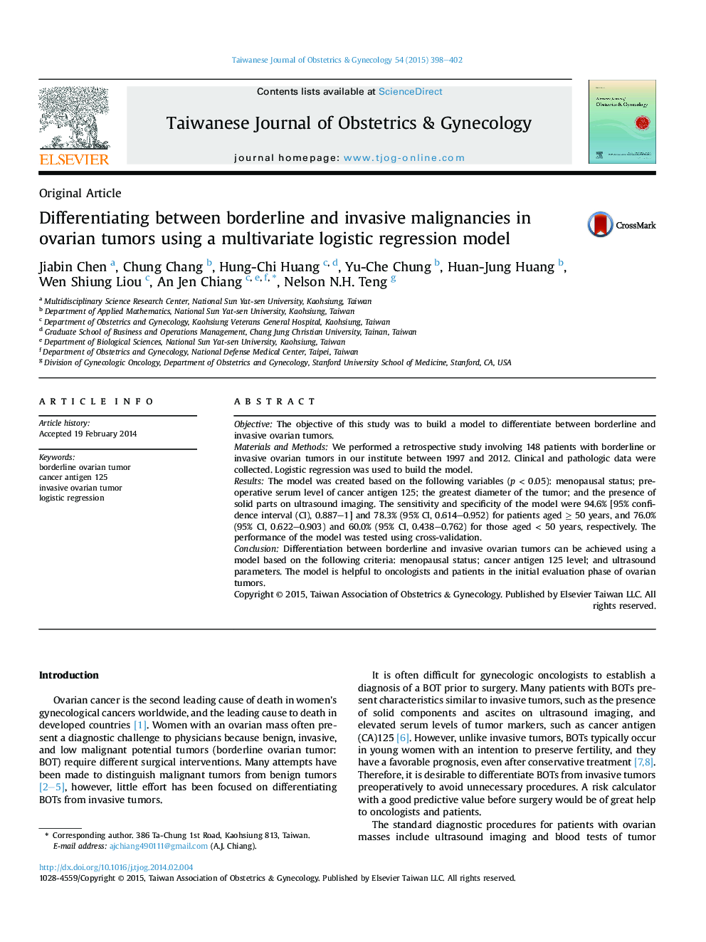 Differentiating between borderline and invasive malignancies in ovarian tumors using a multivariate logistic regression model