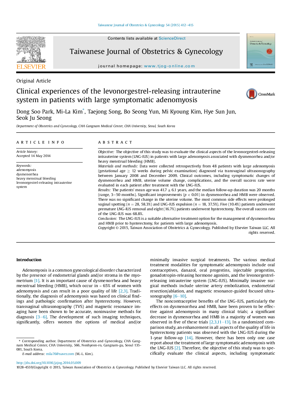 Clinical experiences of the levonorgestrel-releasing intrauterine system in patients with large symptomatic adenomyosis