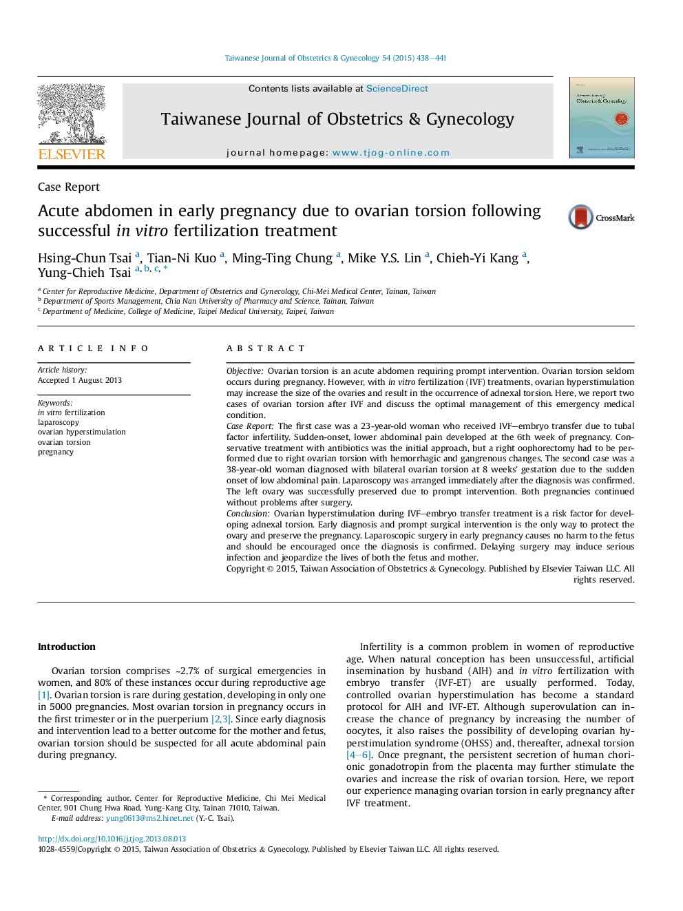 Acute abdomen in early pregnancy due to ovarian torsion following successful in vitro fertilization treatment