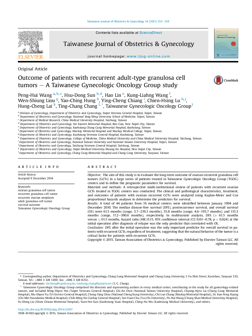 Outcome of patients with recurrent adult-type granulosa cell tumors – A Taiwanese Gynecologic Oncology Group study