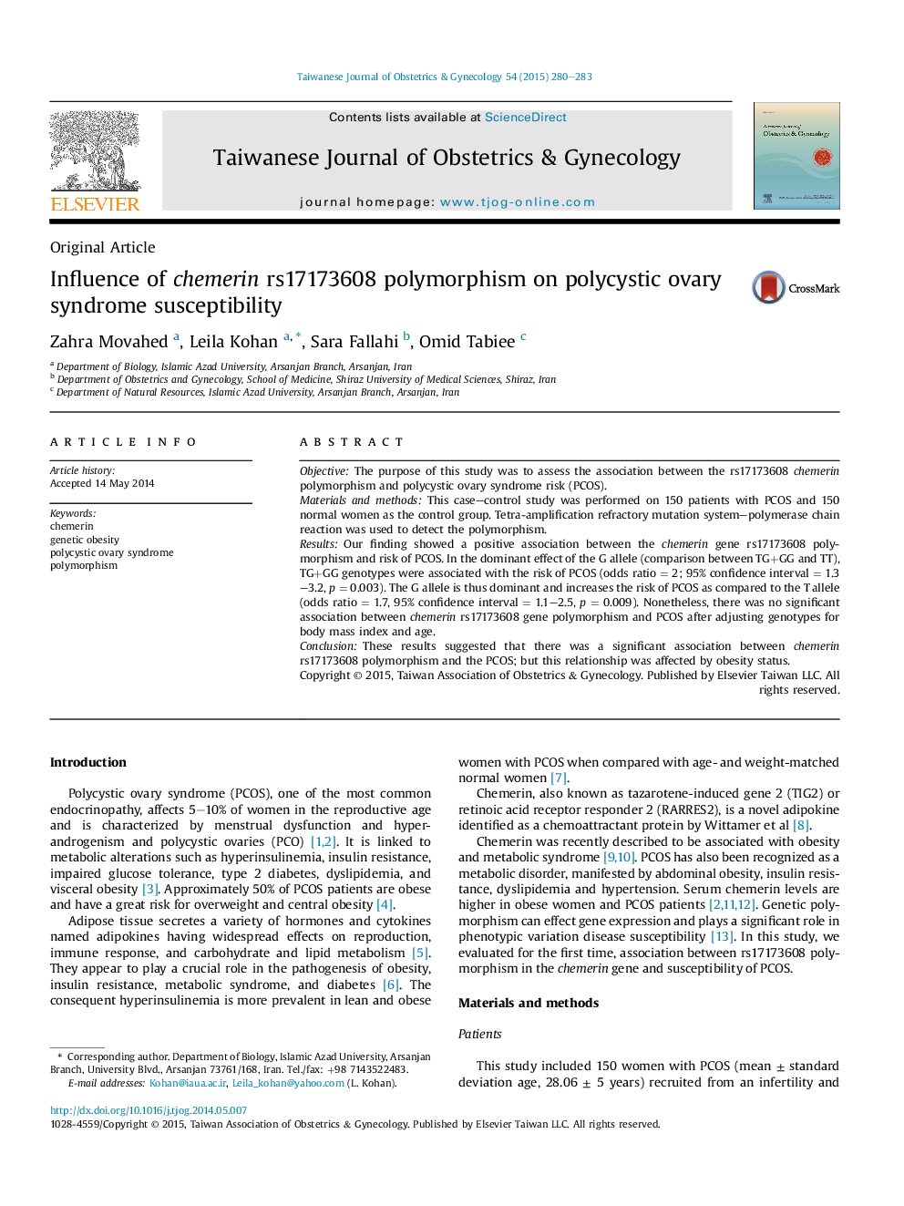 Influence of chemerin rs17173608 polymorphism on polycystic ovary syndrome susceptibility