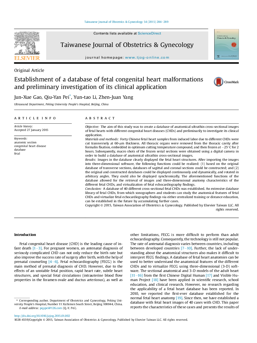 Establishment of a database of fetal congenital heart malformations and preliminary investigation of its clinical application