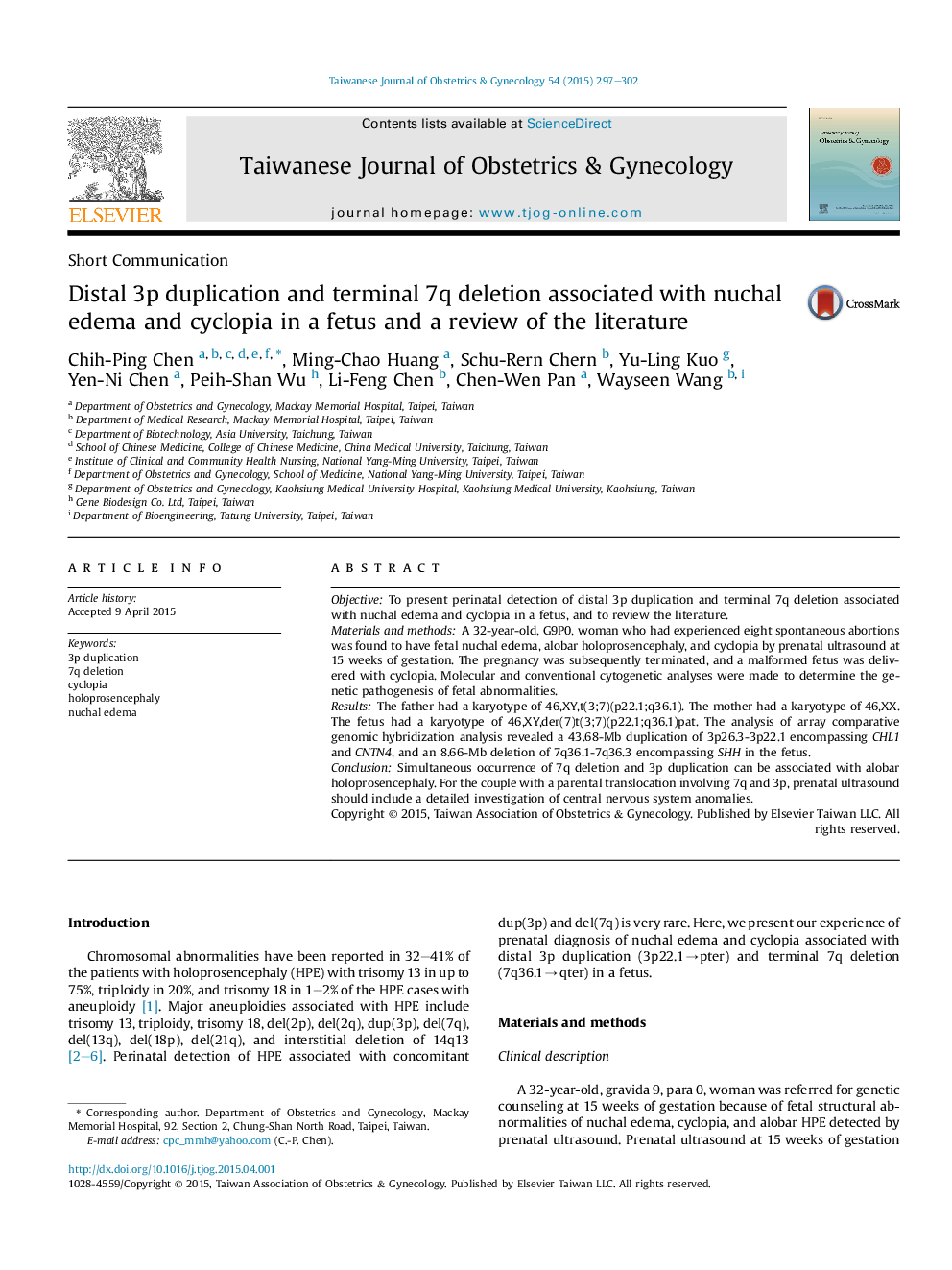 Distal 3p duplication and terminal 7q deletion associated with nuchal edema and cyclopia in a fetus and a review of the literature