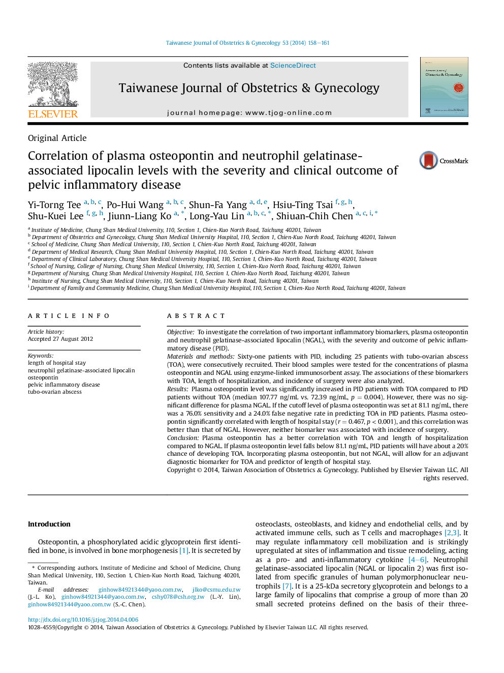 Correlation of plasma osteopontin and neutrophil gelatinase-associated lipocalin levels with the severity and clinical outcome of pelvic inflammatory disease