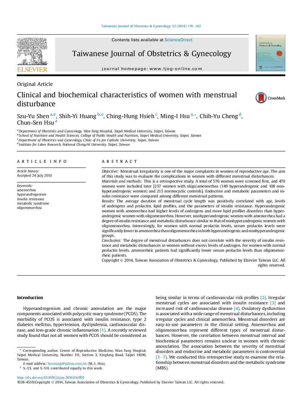 Clinical and biochemical characteristics of women with menstrual disturbance