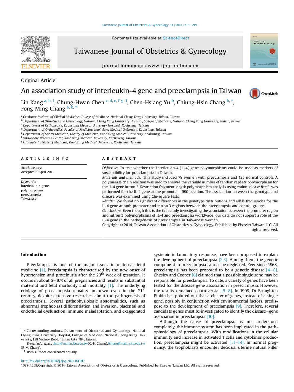 An association study of interleukin-4 gene and preeclampsia in Taiwan