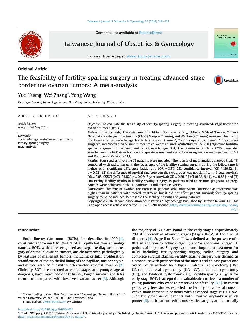 The feasibility of fertility-sparing surgery in treating advanced-stage borderline ovarian tumors: A meta-analysis