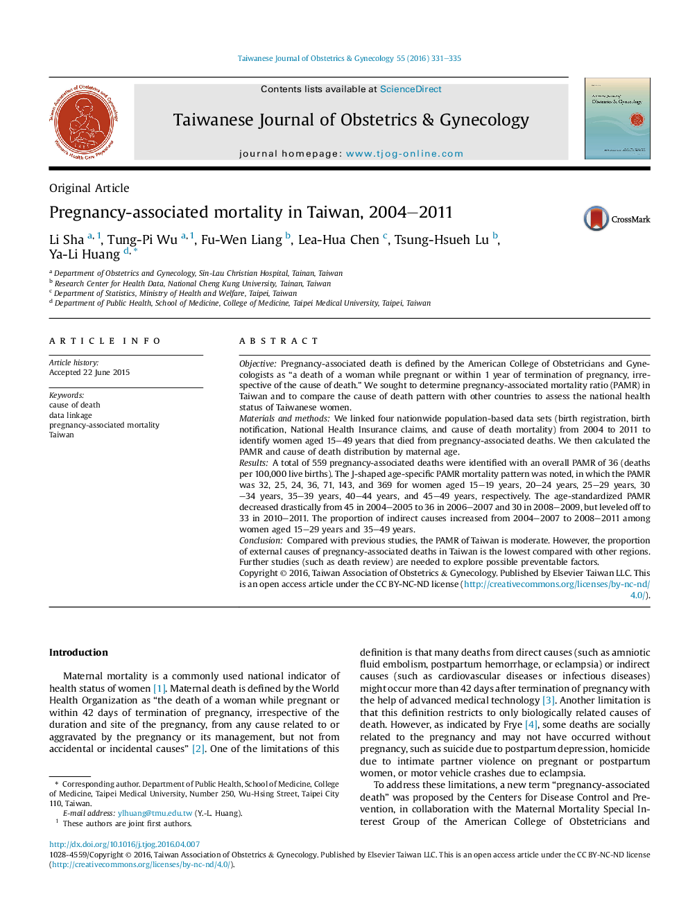 Pregnancy-associated mortality in Taiwan, 2004–2011