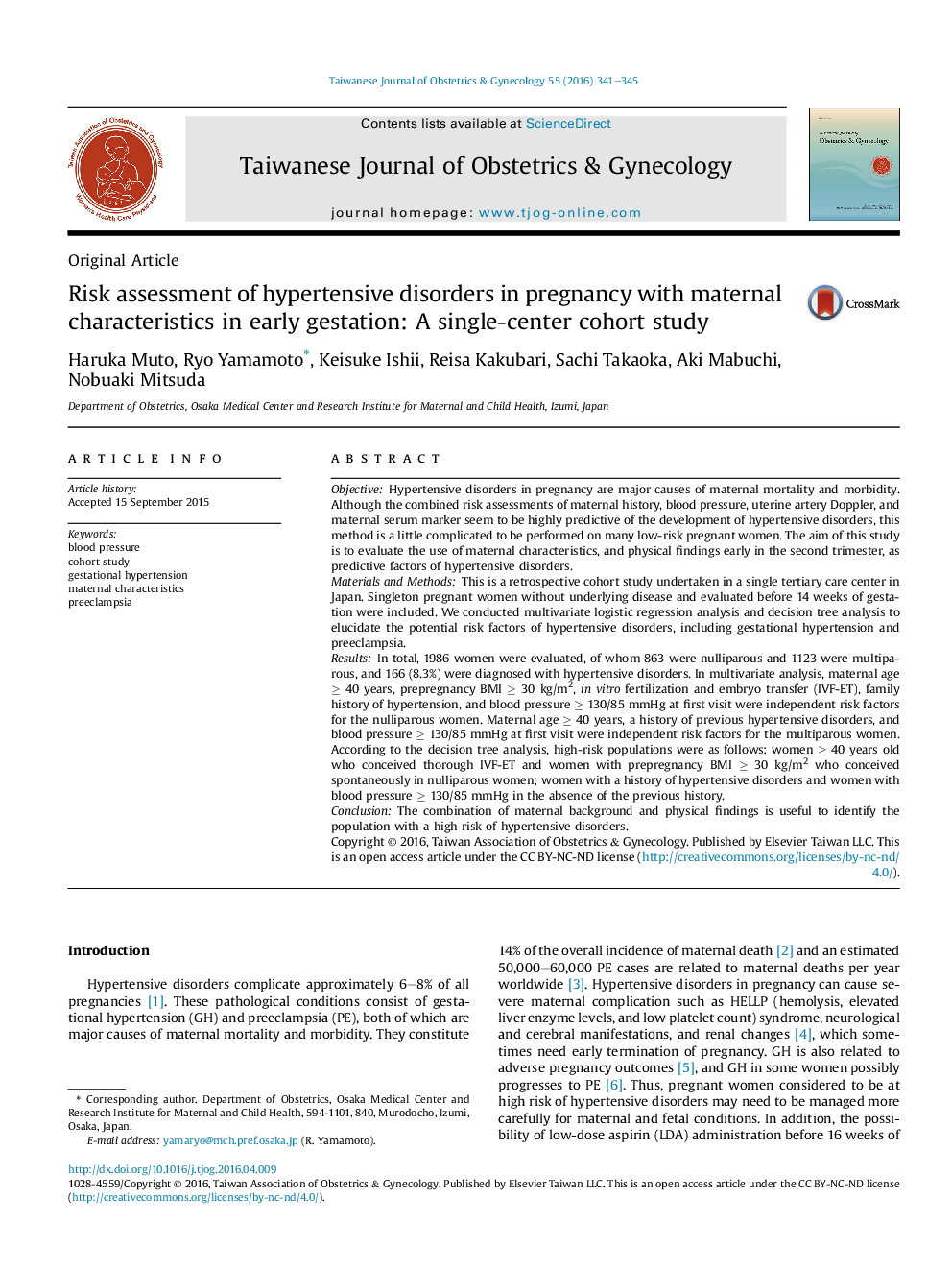 Risk assessment of hypertensive disorders in pregnancy with maternal characteristics in early gestation: A single-center cohort study