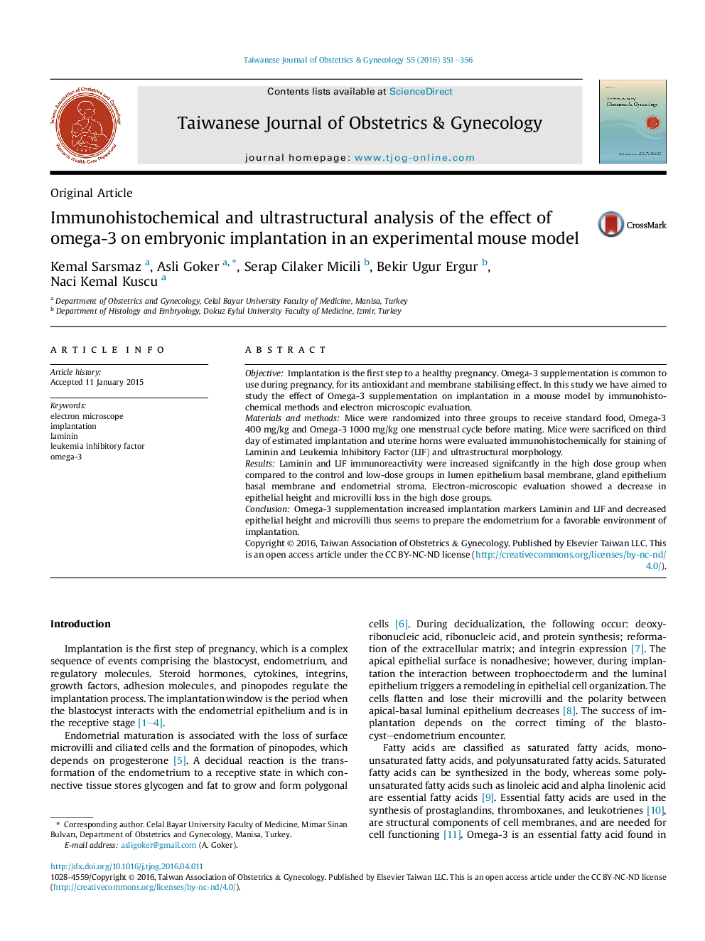 Immunohistochemical and ultrastructural analysis of the effect of omega-3 on embryonic implantation in an experimental mouse model