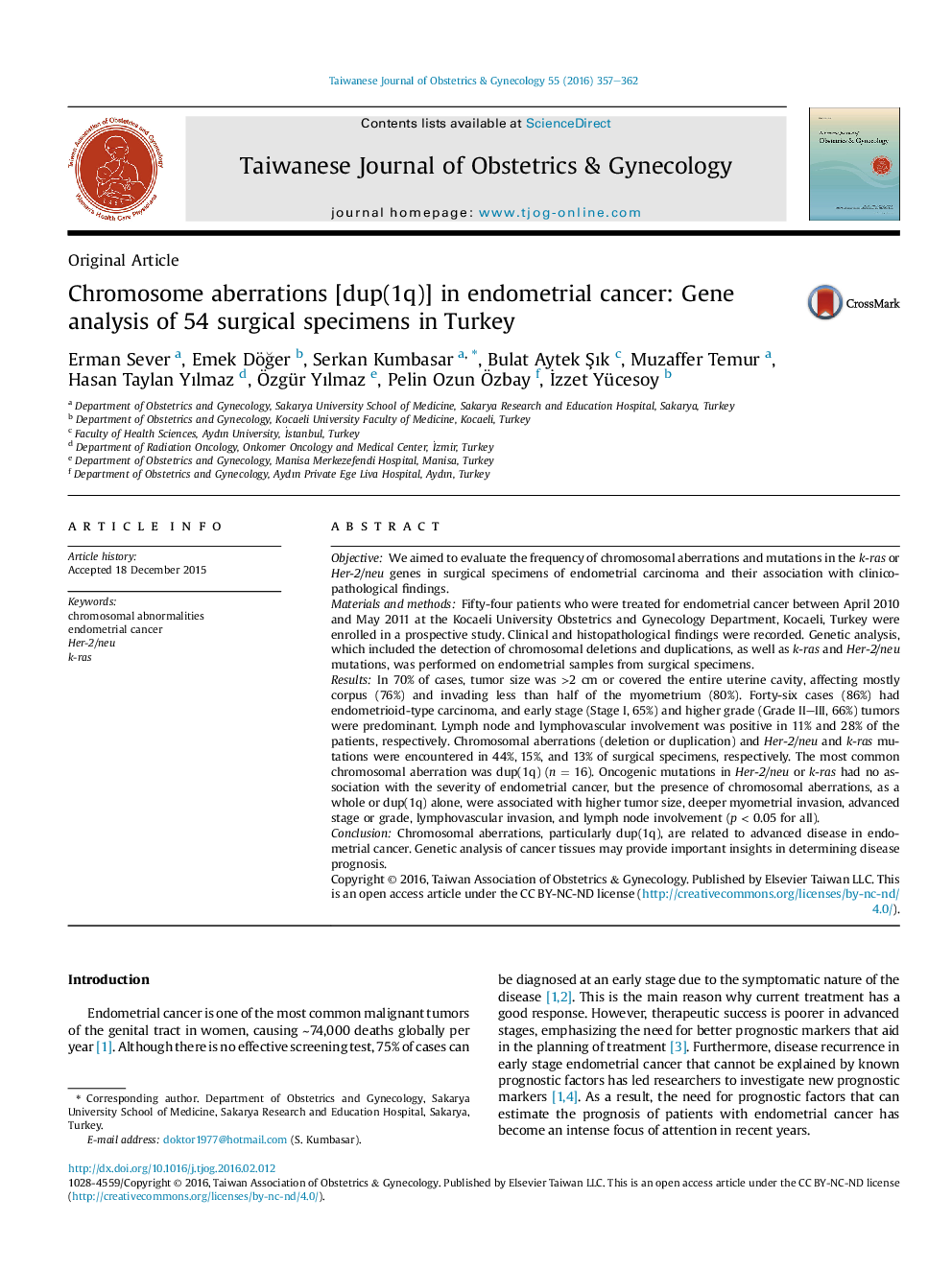 Chromosome aberrations [dup(1q)] in endometrial cancer: Gene analysis of 54 surgical specimens in Turkey