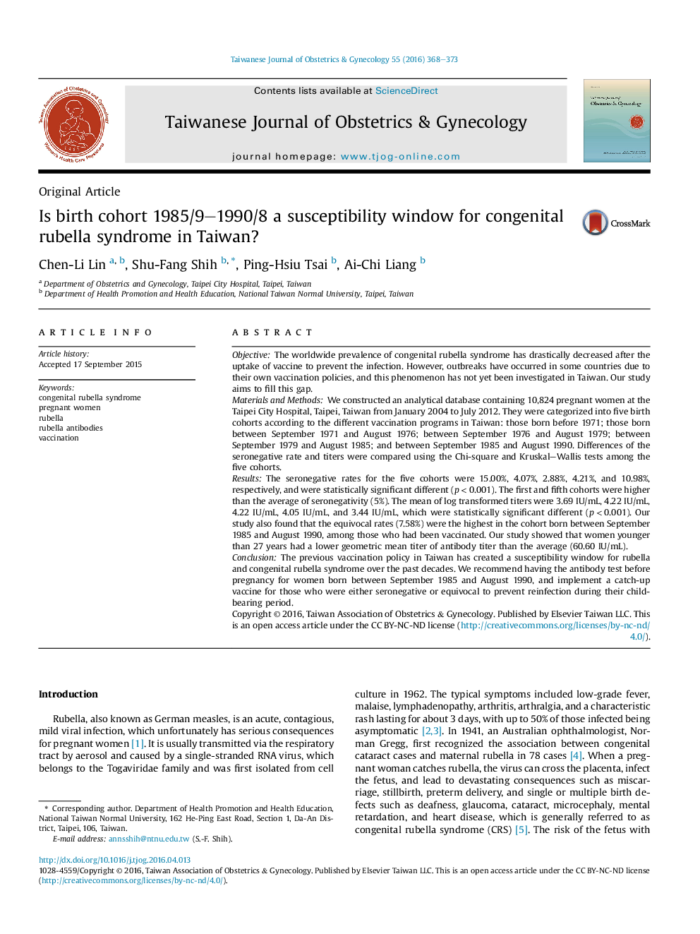 Is birth cohort 1985/9–1990/8 a susceptibility window for congenital rubella syndrome in Taiwan?