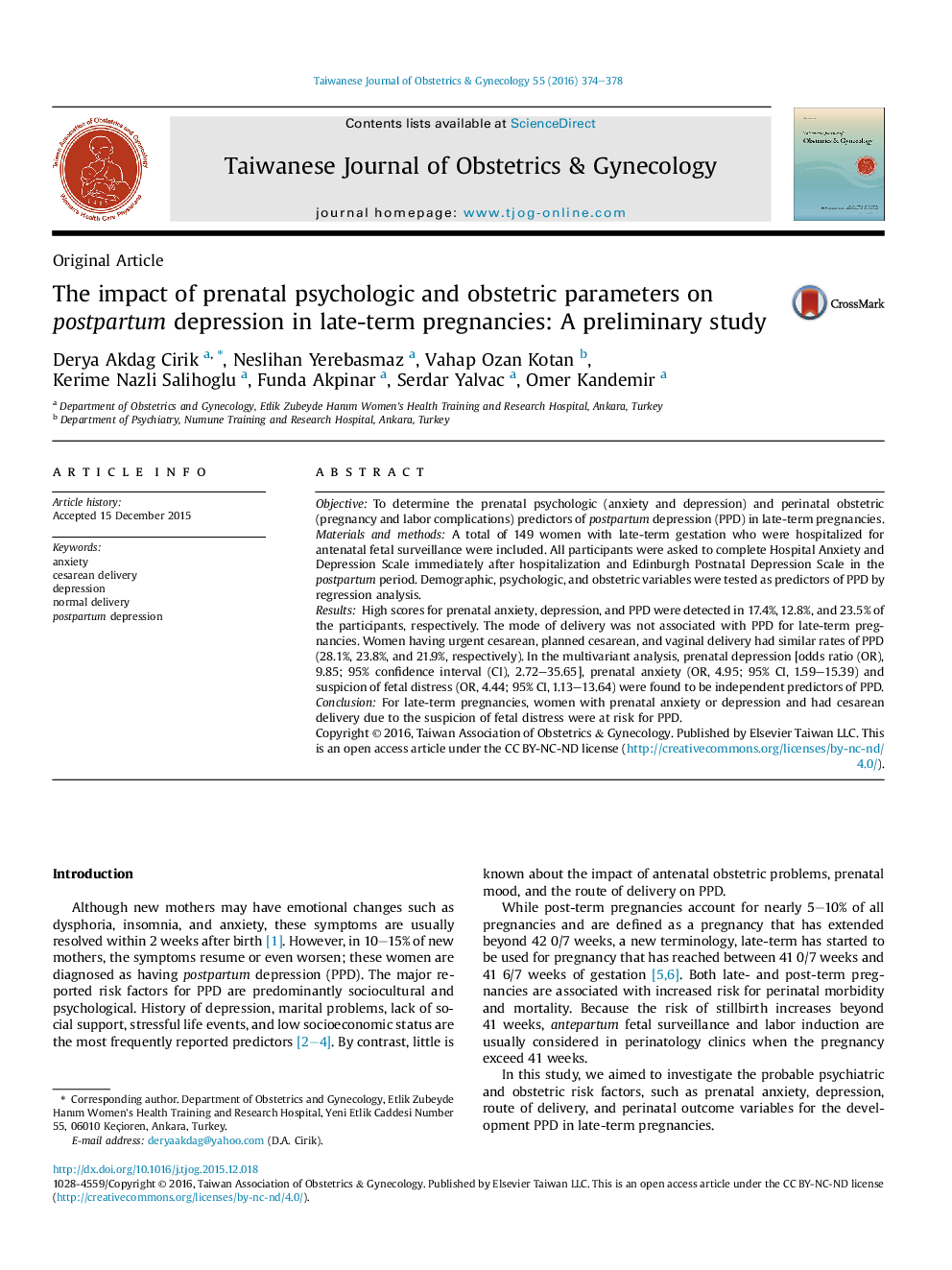 The impact of prenatal psychologic and obstetric parameters on postpartum depression in late-term pregnancies: A preliminary study