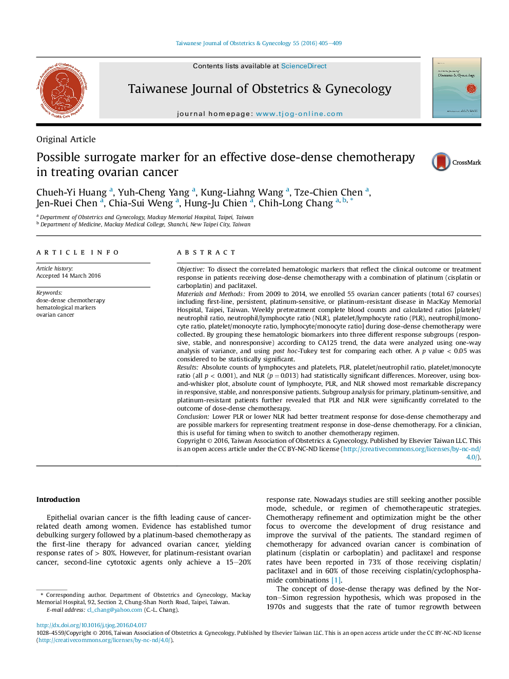 Possible surrogate marker for an effective dose-dense chemotherapy in treating ovarian cancer