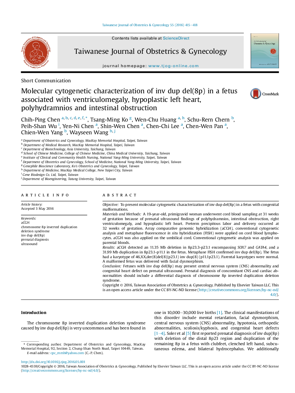 Molecular cytogenetic characterization of inv dup del(8p) in a fetus associated with ventriculomegaly, hypoplastic left heart, polyhydramnios and intestinal obstruction