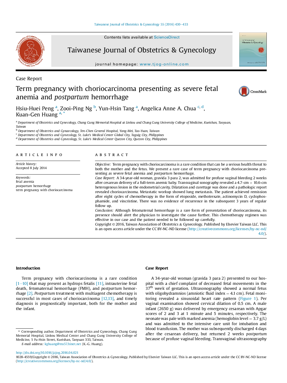 Term pregnancy with choriocarcinoma presenting as severe fetal anemia and postpartum hemorrhage