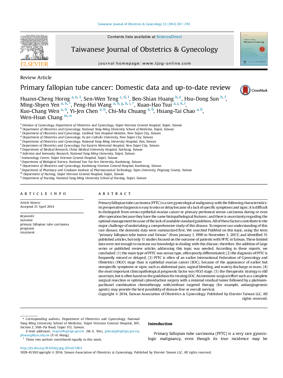 Primary fallopian tube cancer: Domestic data and up-to-date review