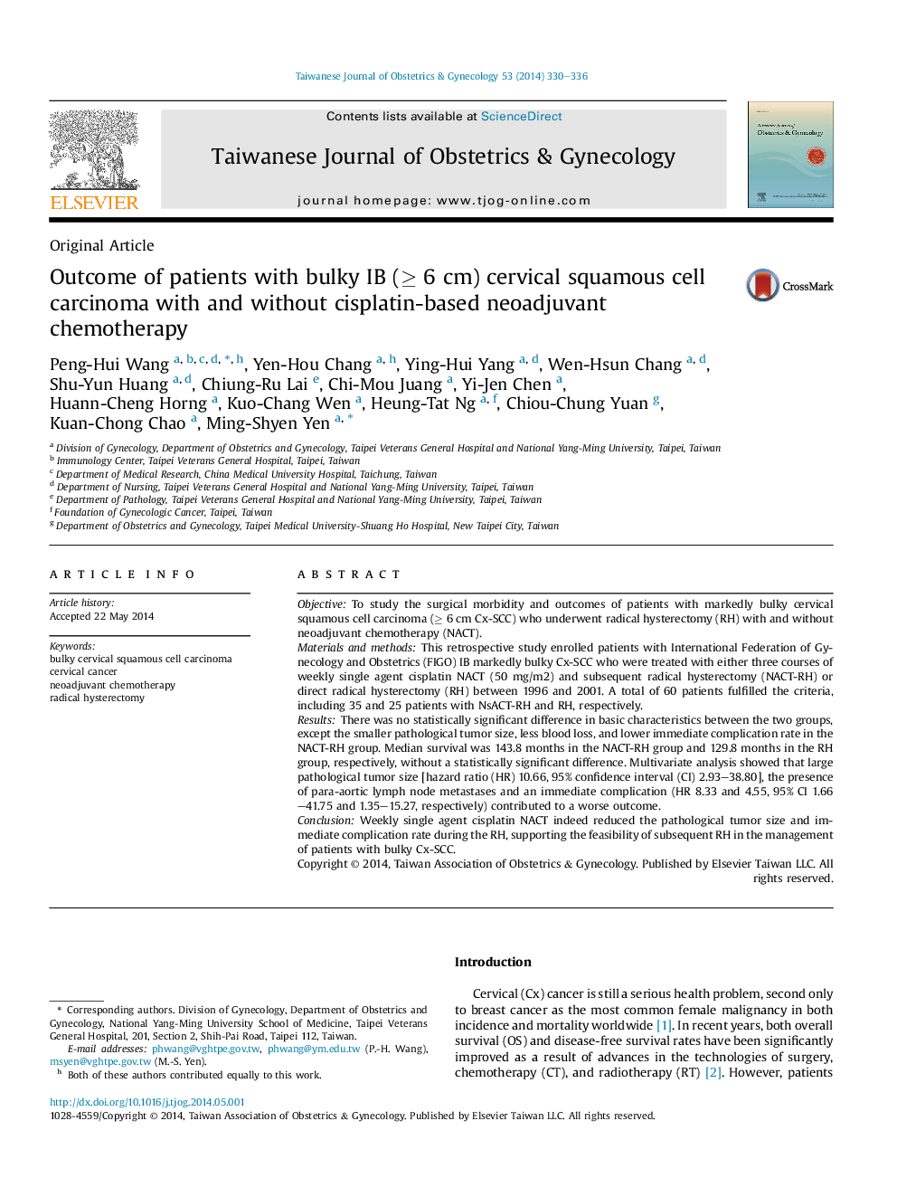 Outcome of patients with bulky IB (≥ 6 cm) cervical squamous cell carcinoma with and without cisplatin-based neoadjuvant chemotherapy