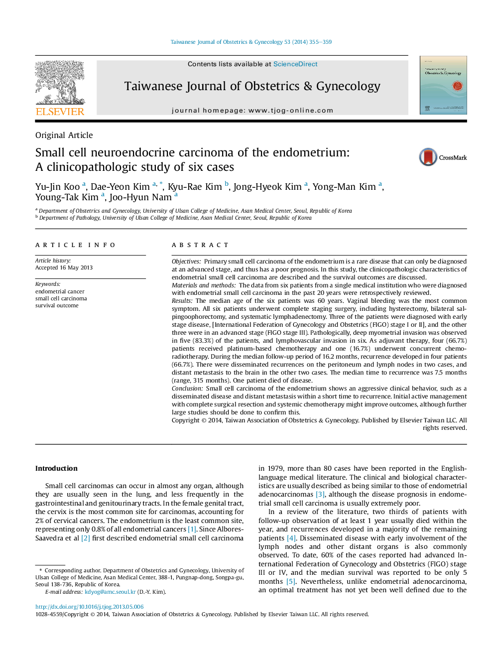 Small cell neuroendocrine carcinoma of the endometrium: A clinicopathologic study of six cases