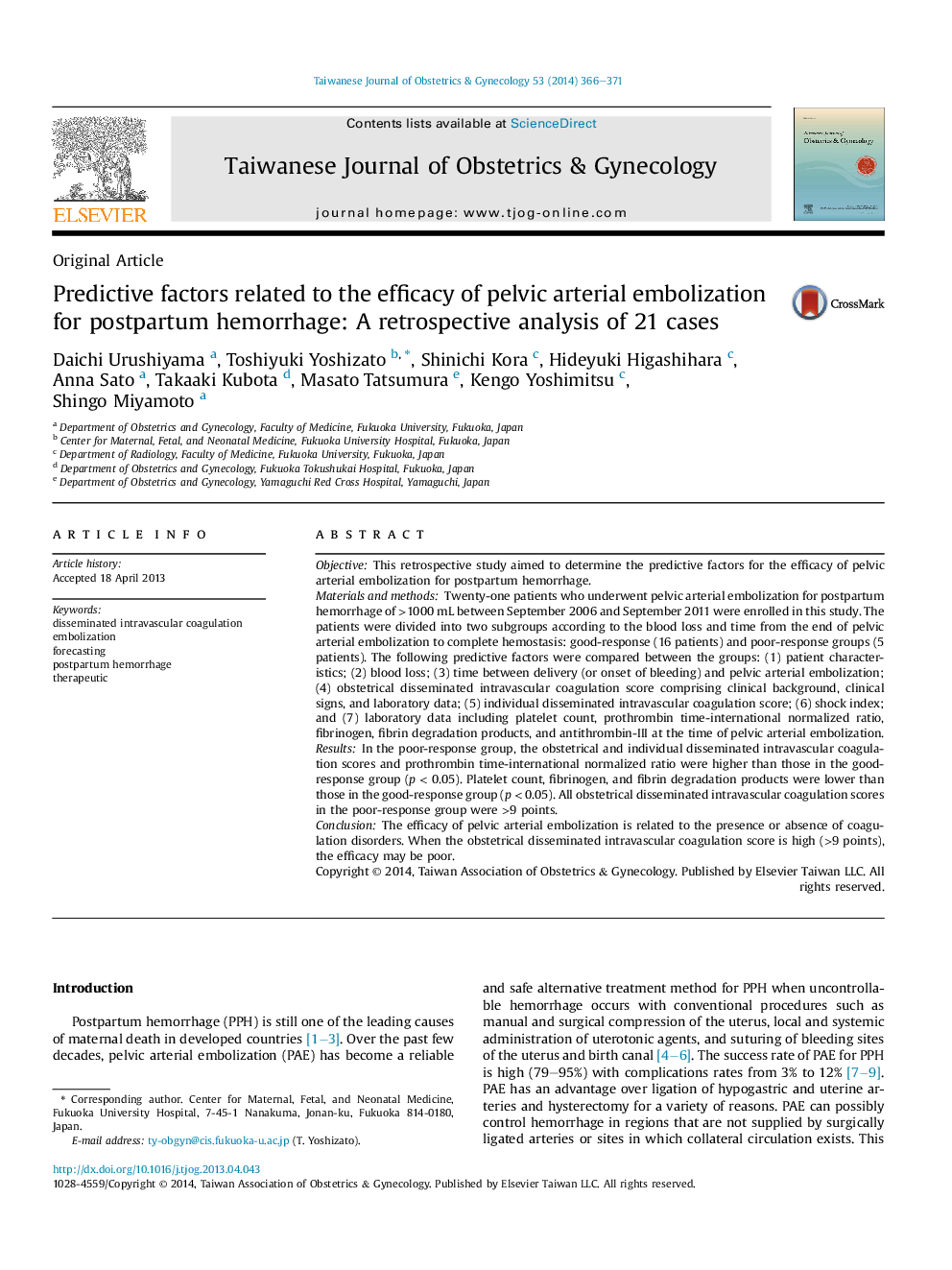 Predictive factors related to the efficacy of pelvic arterial embolization for postpartum hemorrhage: A retrospective analysis of 21 cases