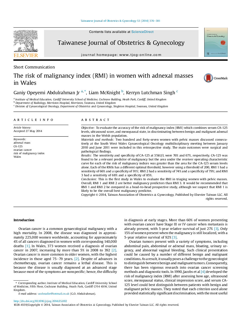 The risk of malignancy index (RMI) in women with adnexal masses in Wales