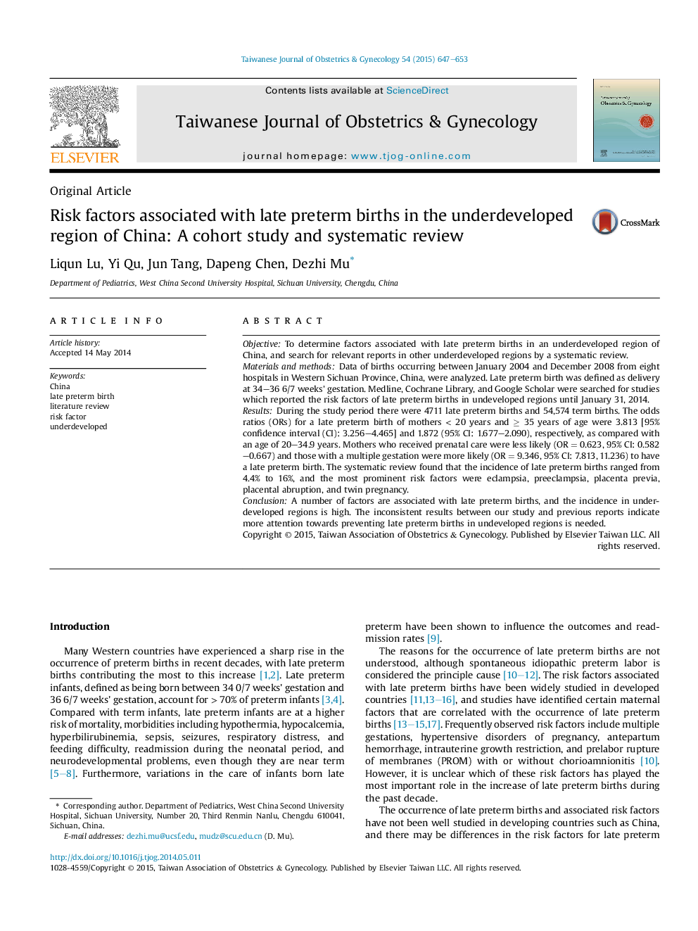 Risk factors associated with late preterm births in the underdeveloped region of China: A cohort study and systematic review