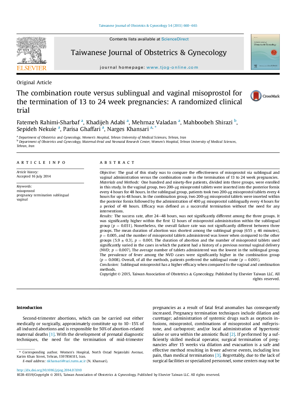 The combination route versus sublingual and vaginal misoprostol for the termination of 13 to 24 week pregnancies: A randomized clinical trial