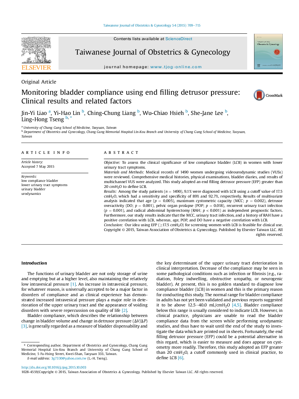 Monitoring bladder compliance using end filling detrusor pressure: Clinical results and related factors