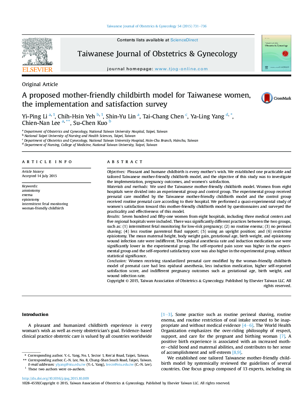 A proposed mother-friendly childbirth model for Taiwanese women, the implementation and satisfaction survey