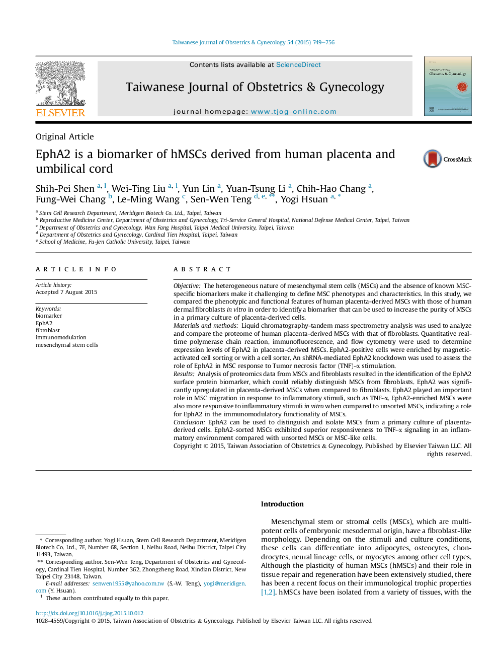 EphA2 is a biomarker of hMSCs derived from human placenta and umbilical cord