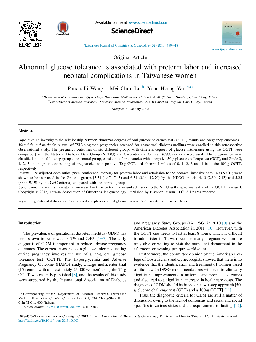 Abnormal glucose tolerance is associated with preterm labor and increased neonatal complications in Taiwanese women