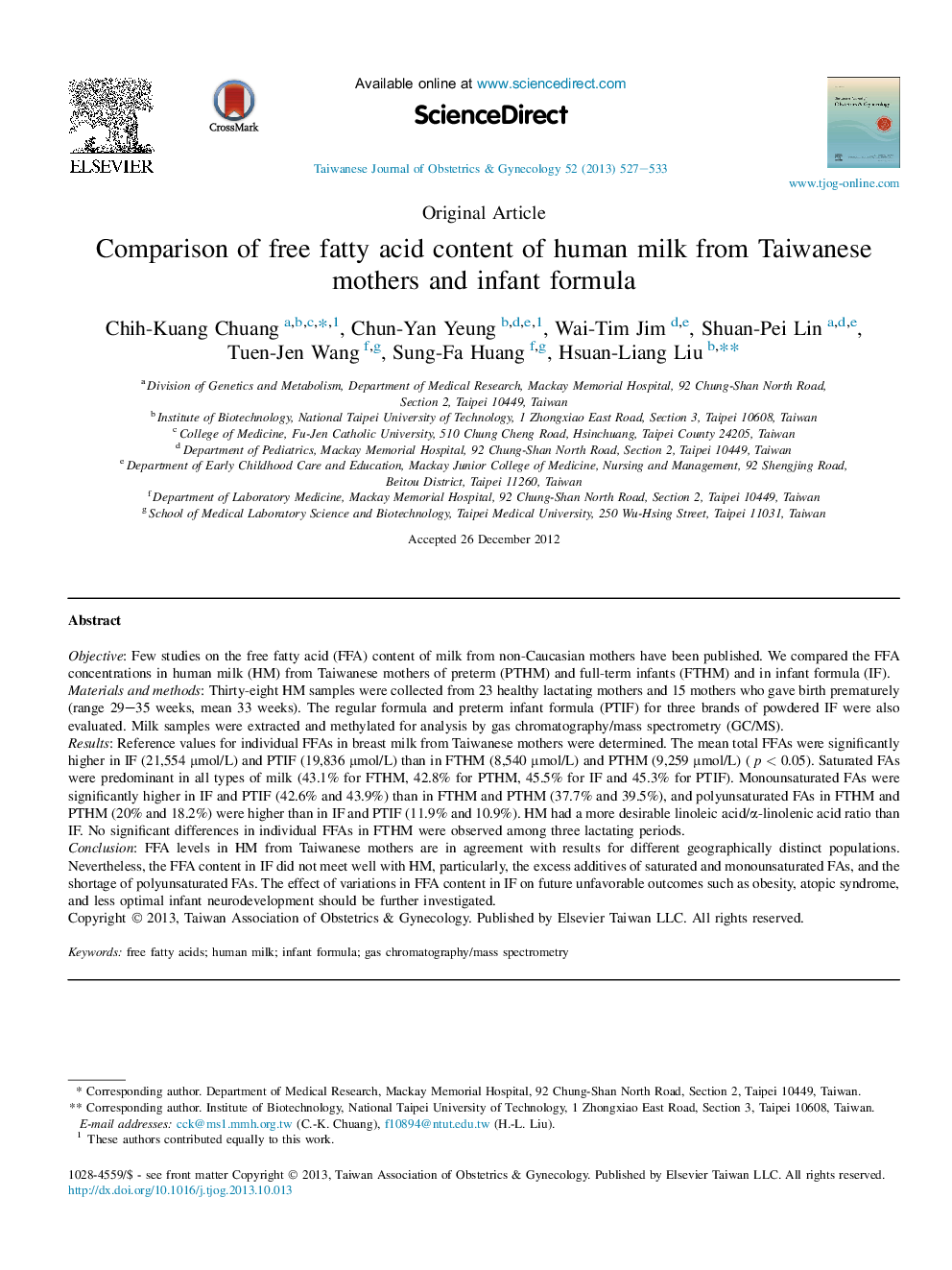 Comparison of free fatty acid content of human milk from Taiwanese mothers and infant formula