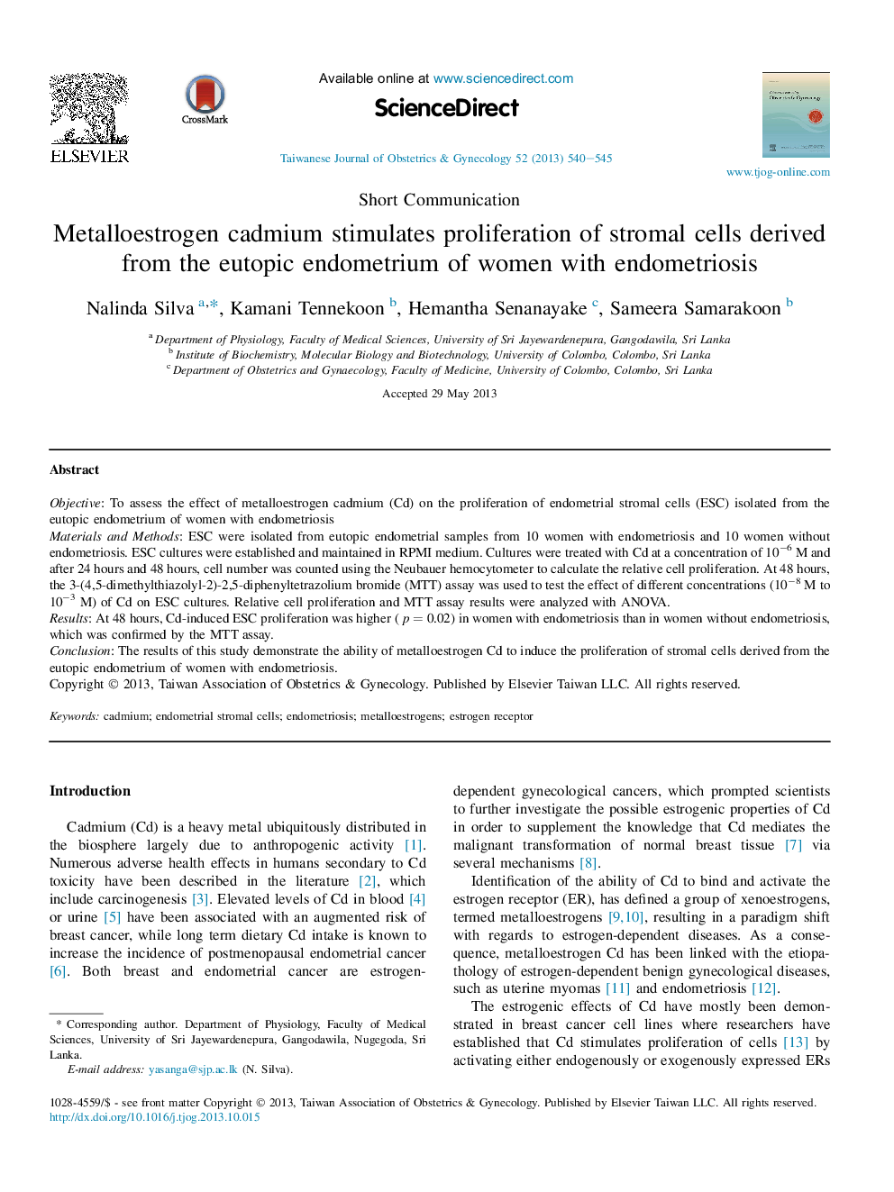 Metalloestrogen cadmium stimulates proliferation of stromal cells derived from the eutopic endometrium of women with endometriosis