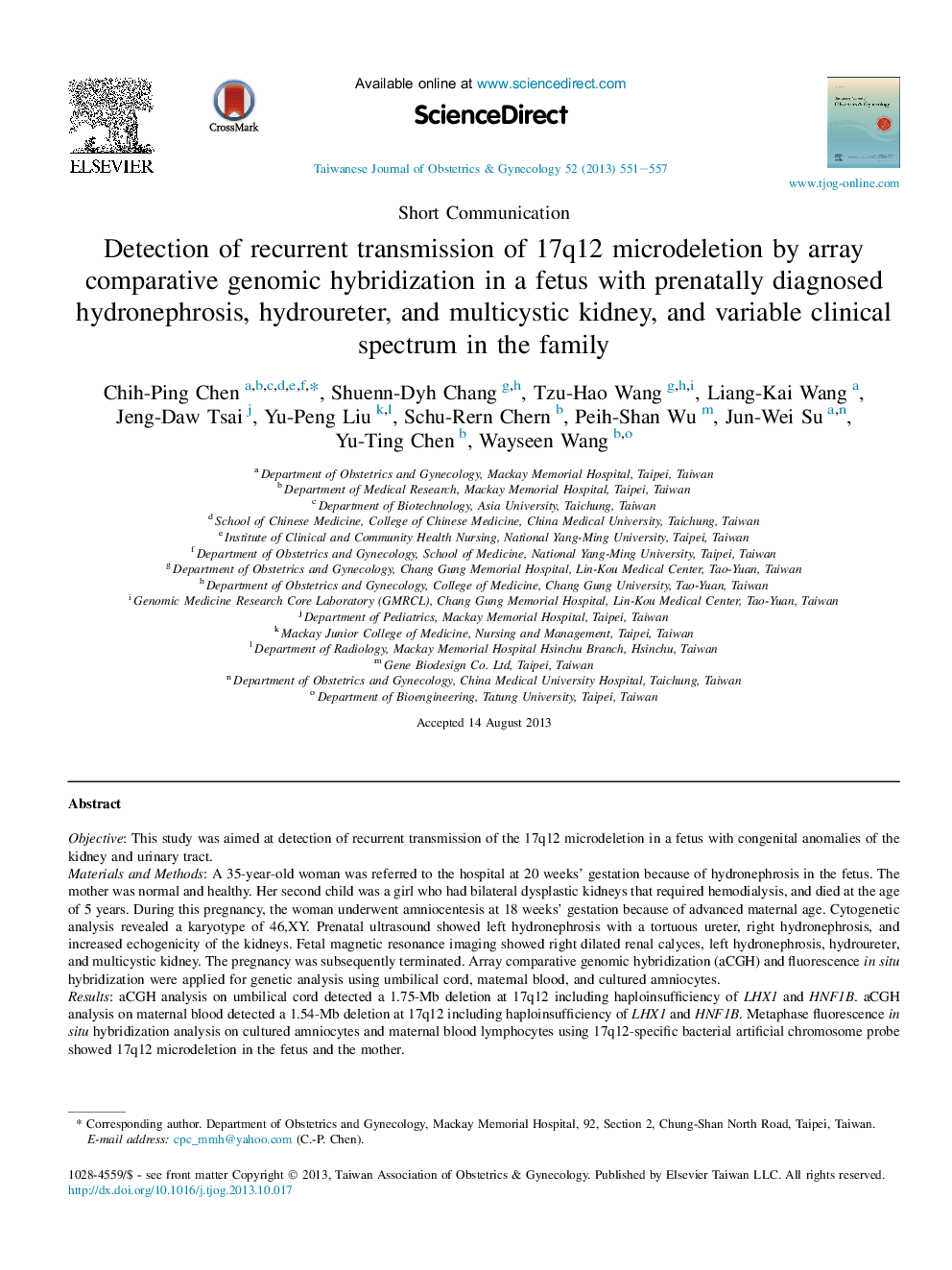 Detection of recurrent transmission of 17q12 microdeletion by array comparative genomic hybridization in a fetus with prenatally diagnosed hydronephrosis, hydroureter, and multicystic kidney, and variable clinical spectrum in the family