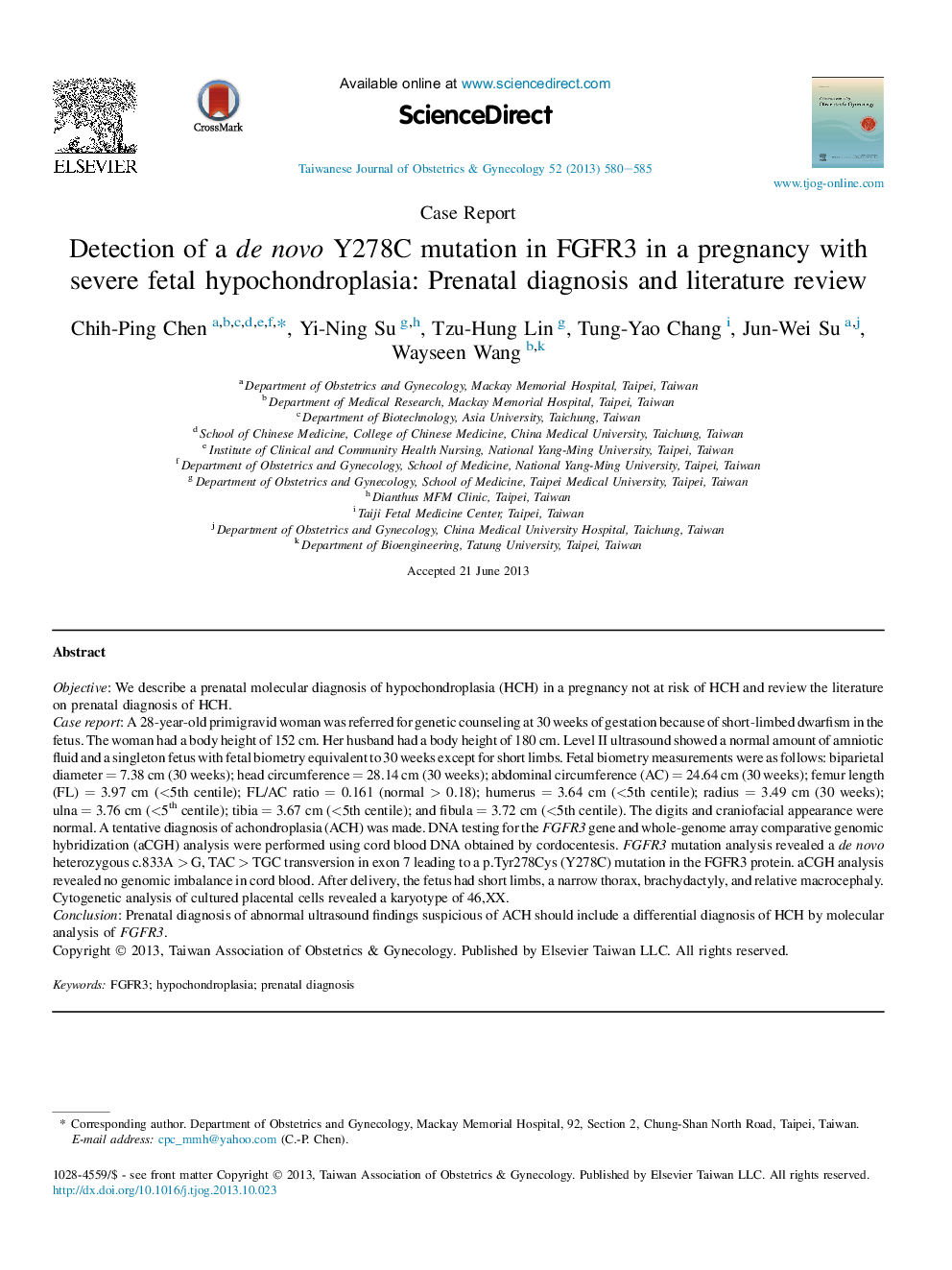 Detection of a de novo Y278C mutation in FGFR3 in a pregnancy with severe fetal hypochondroplasia: Prenatal diagnosis and literature review